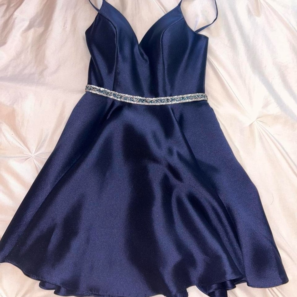 Navy Blue Homecoming Mini Dress with Sparkling Waist